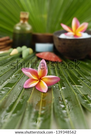Spa set with,spa oil ,towel salt in bowl on palm leaf
