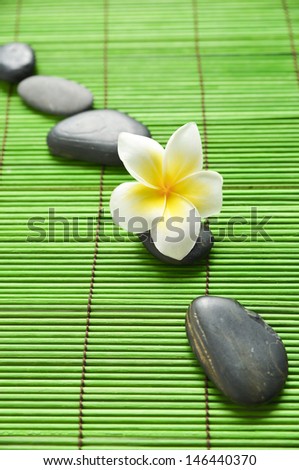 Row of stones with frangipani on green mat