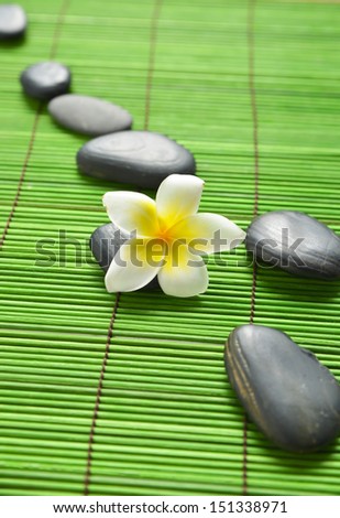 Row of stones with frangipani on green mat