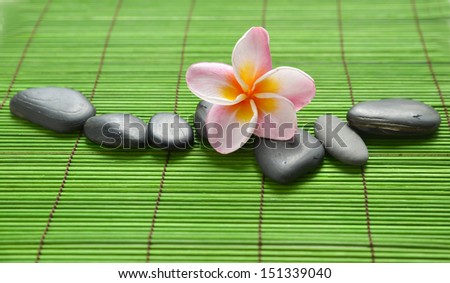 Row of stones with pink frangipani on green mat