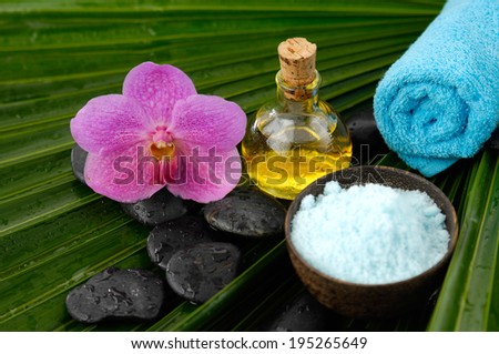 Set for tropical spa on palm leaf