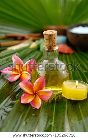frangipani,spa oil ,towel salt in bowl ,candle on wet palm leaf