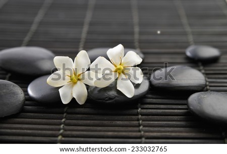 Two gardenia flowers and black stones on mat