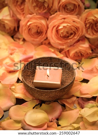 rose petals with candle in bowl with branch rose