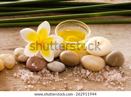 Aromatic spa set with candle , tropical flower, candle and plant  with pile of salt,