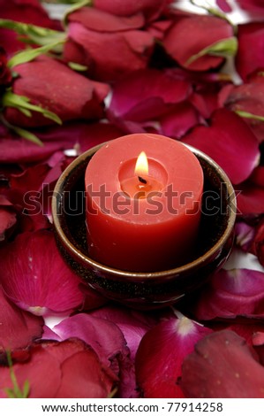 Close up red roses with petal and romantic candle