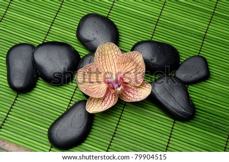 frangipani and zen stone on green stick straw mat