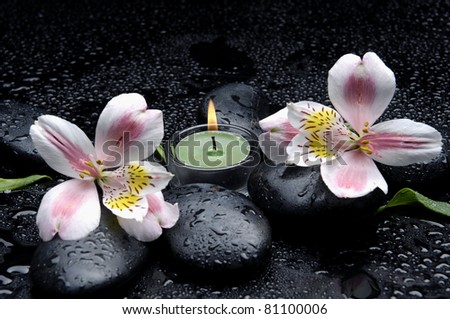 Beautiful orchid flower and candles and stones in water drop