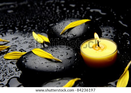 Burning yellow candle with yellow flower petals in water drops