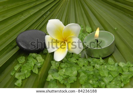 frangipanis and candle with zen stones with green bath salts on palm leaf