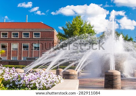 View of the fountain in the campus of Purdue University, West Lafayette, Indiana, in summer