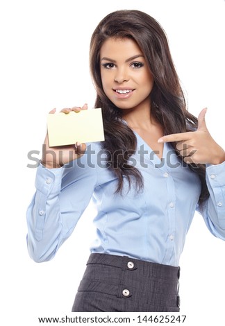Young Businesswoman holding credit card. Isolated on white