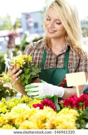Florists woman working with flowers at a greenhouse.