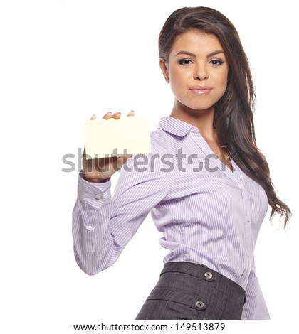 Business card woman. Young casual smiling woman showing blank business card sign isolated on white background.