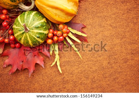 Pumpkins with fall leaves with seasonal background
