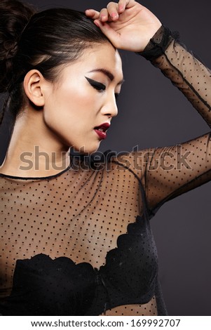 Asian woman beauty face closeup portrait. Beautiful attractive mixed race Chinese Asian