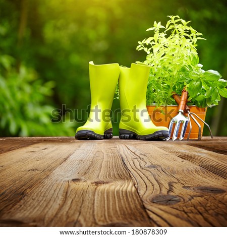 Outdoor gardening tools on old wood table Outdoor gardening tools on old wood table