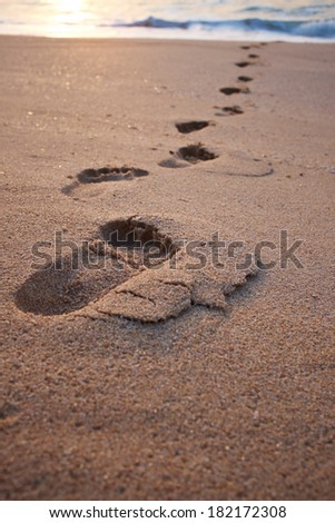 Footprints on the beach sand.Traces on the beach. Footsteps on the beach by the sea in summer