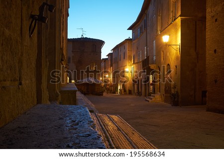Illuminated Street of Pienza after rain at Night, Italy