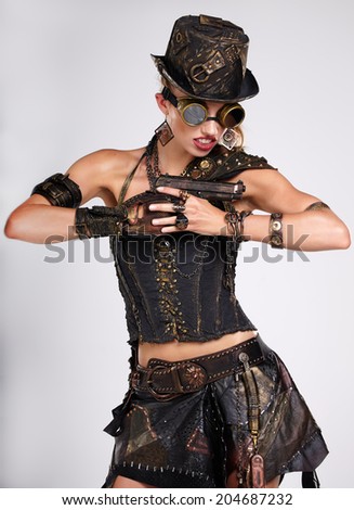 Steampunk isolated woman. Fantasy fashion for cover.