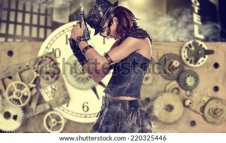 A steampunk woman stands on a background of abstract clock
