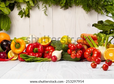 Fruit and vegetable borders Fruit and vegetable borders on wood table