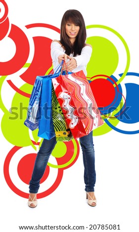 beautiful sexy shopping girl holding bag over abstract round modern design background