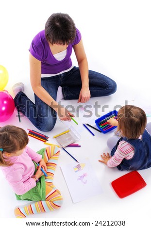 young mother and her two daughters painting