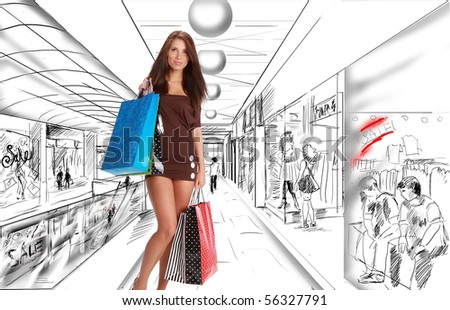Beautiful shopping woman at a draw mall