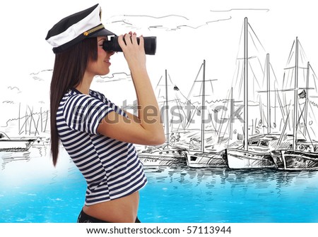 Close-up portrait of a woman as a sea captain holding binocular