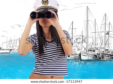 Close-up portrait of a woman as a sea captain holding binocular