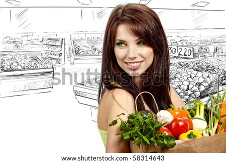 woman holding a  bag full of healthy food. shopping in mall