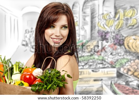 woman holding a  bag full of healthy food. shopping in mall