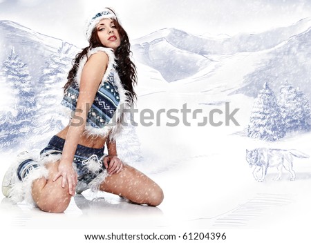 Winter wild woman on white background