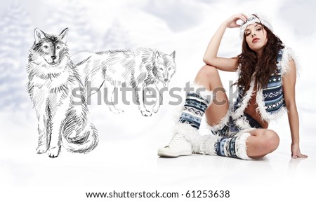 Winter wild woman on white background