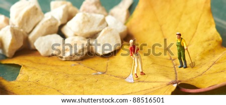 Miniature figurine  using a rake to clean up of the fallen leaves