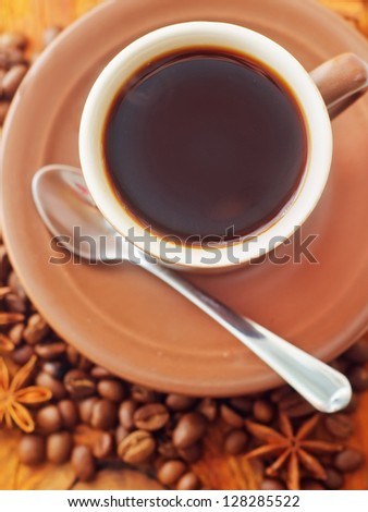 Fresh aroma coffee in the cup, coffee and cinnamon