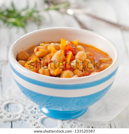 Vegetarian chick-pea soup with tomato and rosemary, square image