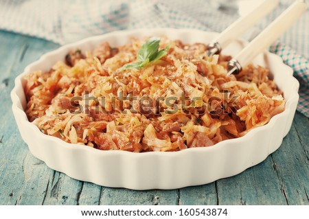 Cooked cabbage with meat, retro style