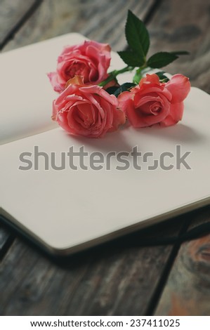 Elegant open book with pink roses on the wooden table, toned image