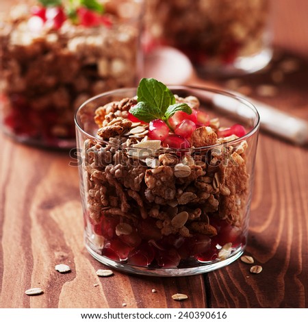 Healthy granola with pomegranate and mint on the wooden table, square image and square image