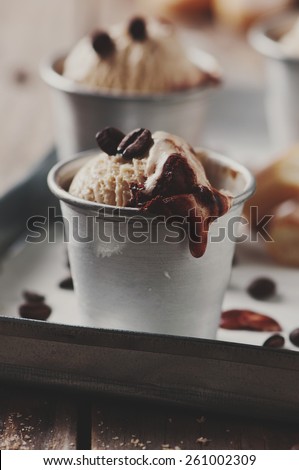 Ice cream with coffee and biscuits, selective focus and toned image
