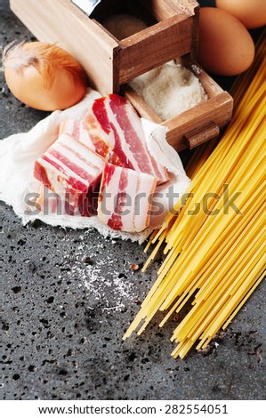 Ingredients for making pasta carbonara, selective focus