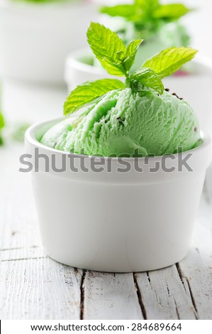Mint ice-cream with chocolate, selective focus