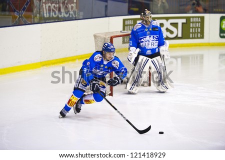 MILAN, DECEMBER, 8: S. Gron ( Cortina , Blue) during  H.C. Milan - H.C. Cortina in Italian Ice Hockey Premier League on December 8,  2012, Milan