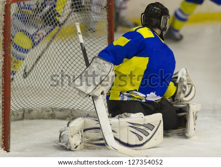 ice hockey goalie in game loocking for the puck
