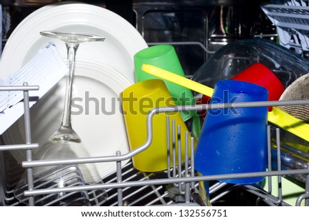 dish wash interior with plates and glasses