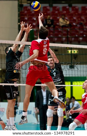 MILAN, ITALY - APRIL, 4:Mor ( red Monza)  in A2M PLAY - OFF Vero Volley Monza -  Corigliano on April ,4 2013 in Milan, Italy