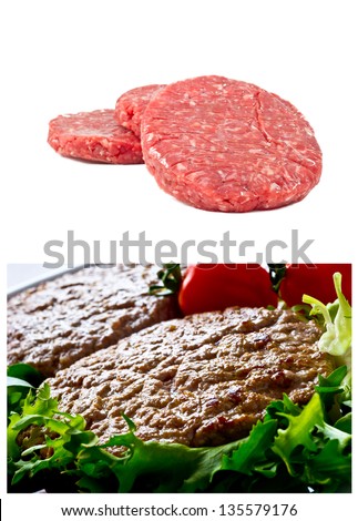 collage  raw hamburgers and  grilled hamburgers  with salad tomatoes