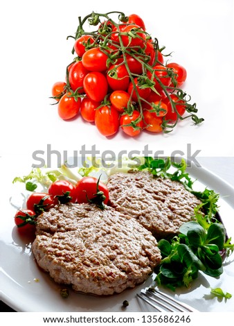 collage photos  tomatoes and  grilled hamburgers  with tomatoes, salad and green beans